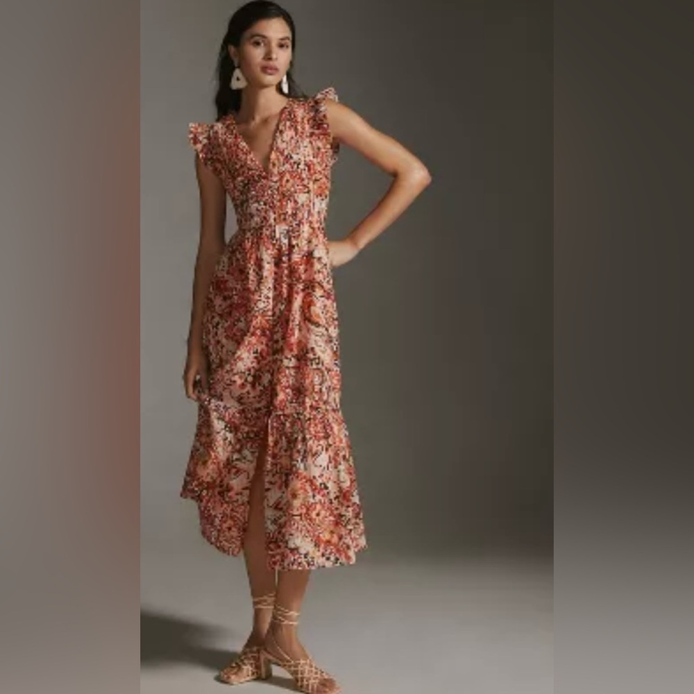 LIKE NEW Anthropologie The Peregrine Midi Dress - Red and Pink, Size Small